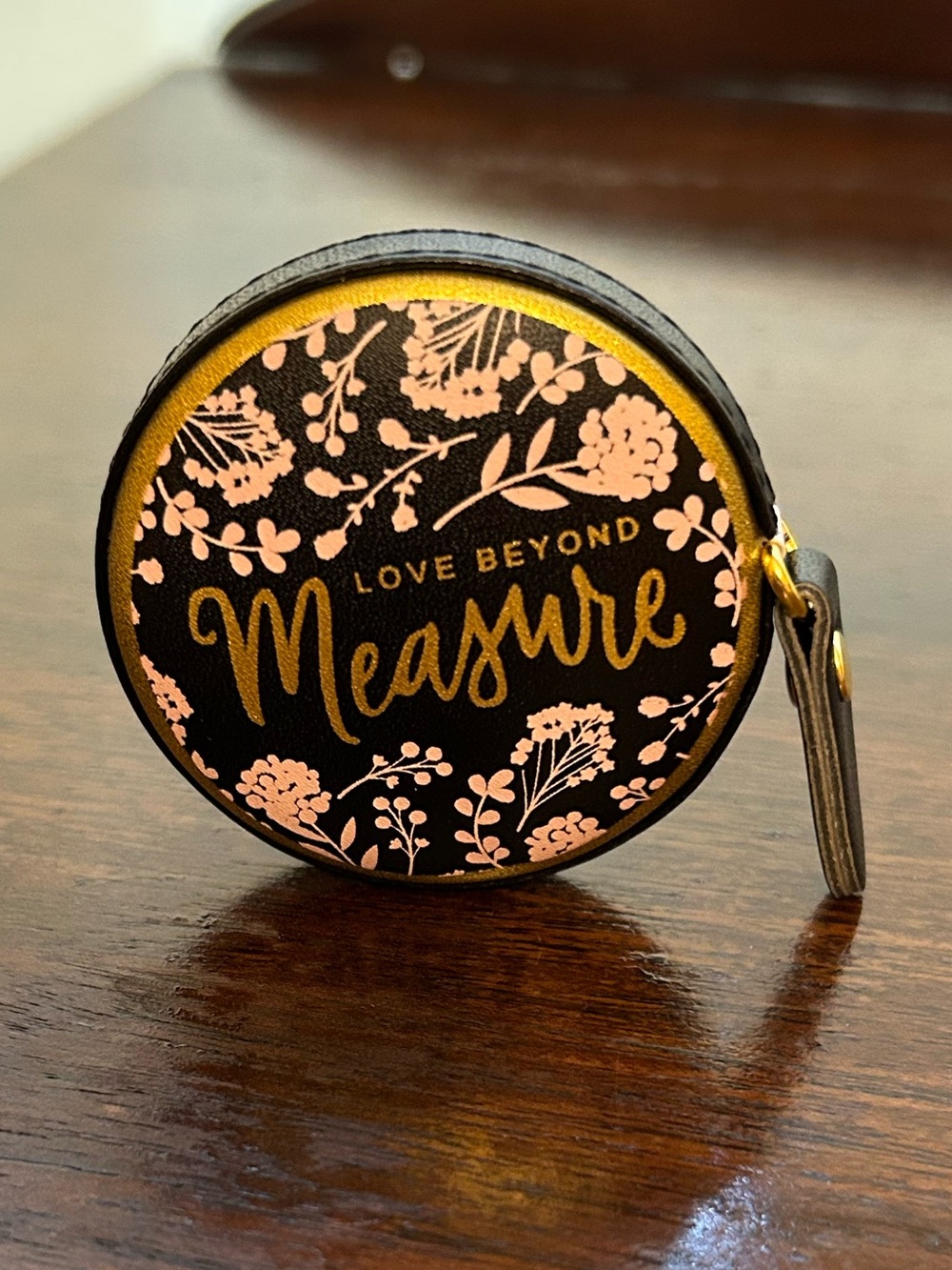 Love Beyond Measure Round Tape Measure-Black & Pink Floral Faux Leather NWT